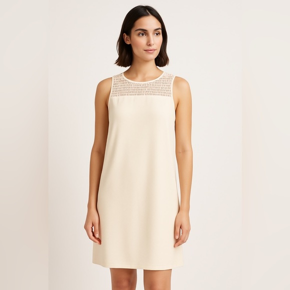Dresses & Skirts - Cream Sleeveless Shift Dress XL Textured Crochet Yoke Lined Neutral Minimalist